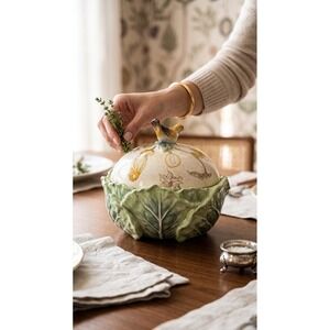Fitz & Floyd Fattorin Cabbage Leaf & Bird Covered Vegetable Dish Farmhouse